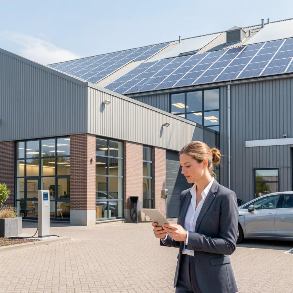 Verduurzaamd bedrijfspand met zonnepanelen en laadpaal voor elektrische auto's