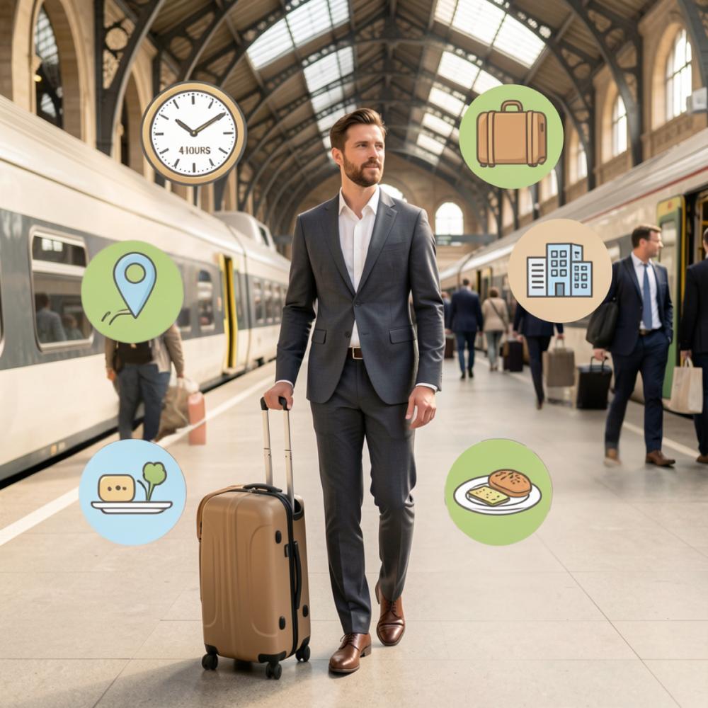 zakelijk geklede man op treinstation met rolkoffertje