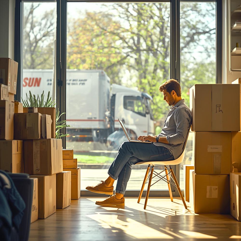 Man zit op een keukenstoel tussen een stapel dozen te werken op een laptop